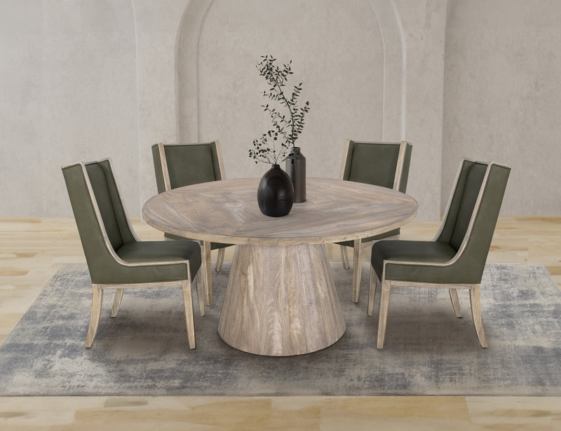 White Balam round dining table by International Furniture Direct, showcasing its smooth surface and sturdy wooden legs.