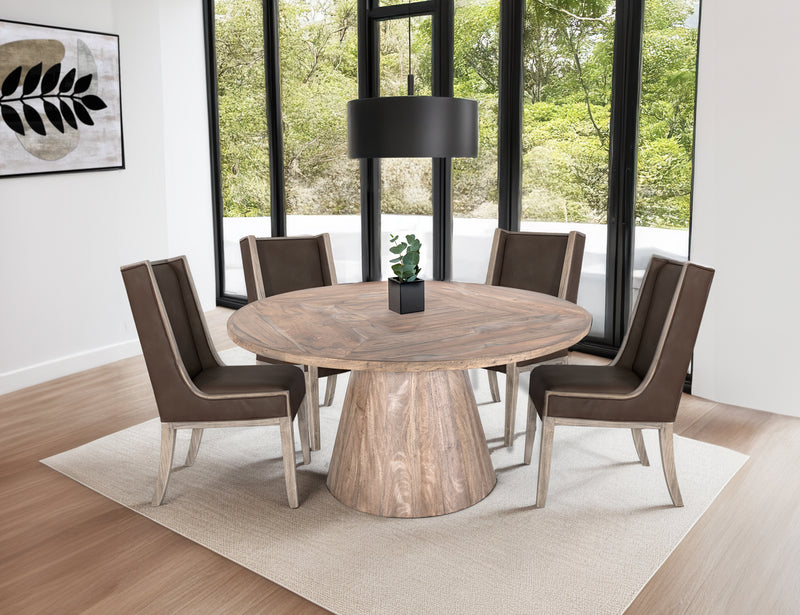 White Balam round dining table by International Furniture Direct, showcasing a smooth wooden surface and sturdy legs.