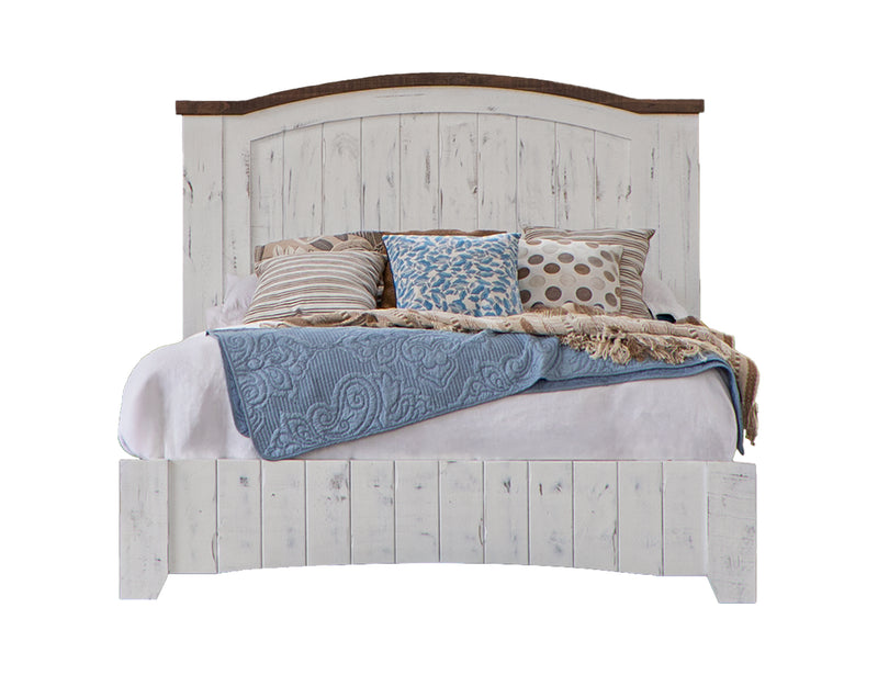 White queen bed from International Furniture Direct featuring a classic wooden frame and elegant headboard design.