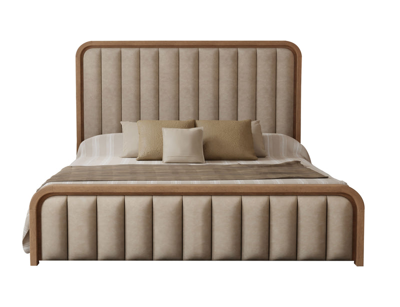 Upholstered king bed with plush fabric and wooden frame from International Furniture Direct, shown in a stylish bedroom setting.
