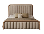 Mezquite upholstered queen bed with a wooden frame and headboard, featuring neutral fabric upholstery and classic design.