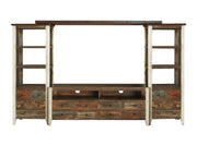 Antique multicolor wooden entertainment center wall unit by International Furniture Direct with open shelves and storage cabinets.