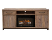 Natural Parota 70-inch electric fireplace by International Furniture Direct featuring a modern design and realistic flame effect.
