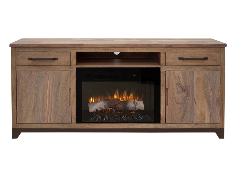Natural Parota 70-inch electric fireplace by International Furniture Direct featuring a modern design and realistic flame effect.