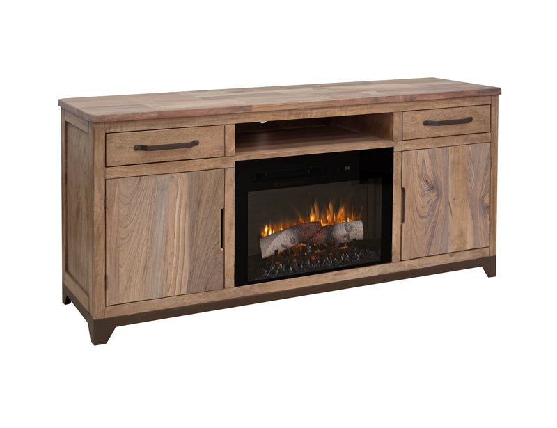 Natural Parota wood electric fireplace by International Furniture Direct featuring a sleek modern design with a built-in heating element.