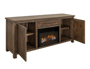 Novus Lodge 70-inch electric fireplace by International Furniture Direct showing a modern fireplace with a realistic flame display and wood mantel