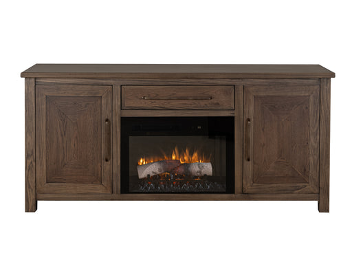 Novus Lodge 70-inch electric fireplace by International Furniture Direct showing a modern fireplace with a glowing flame display.