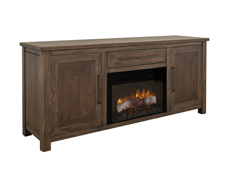 Novus Lodge 70-inch electric fireplace by International Furniture Direct with realistic flame display and wood mantel design.