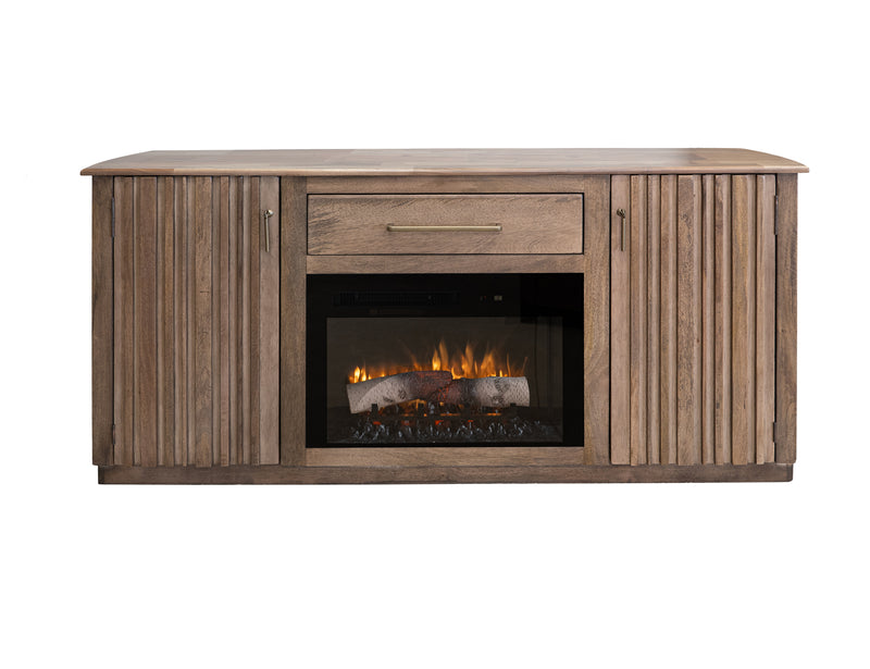 Mezquite electric fireplace by International Furniture Direct with a rustic wood mantel and glowing fire display.