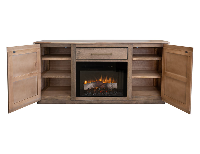 Modern Mezquite Electric Fireplace by International Furniture Direct featuring a sleek wood mantel and realistic flame effect.