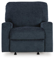 Ashley Furniture Aviemore recliner with plush fabric and padded armrests, shown from the front in a head-on view.
