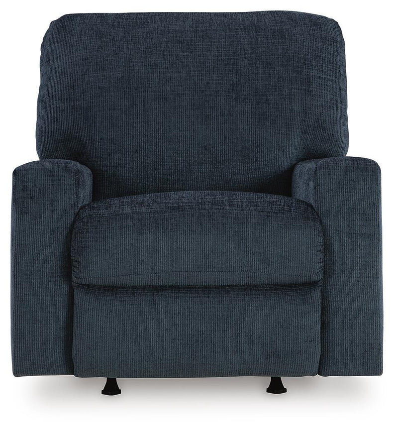 Ashley Furniture Aviemore recliner with plush fabric and padded armrests, shown from the front in a head-on view.