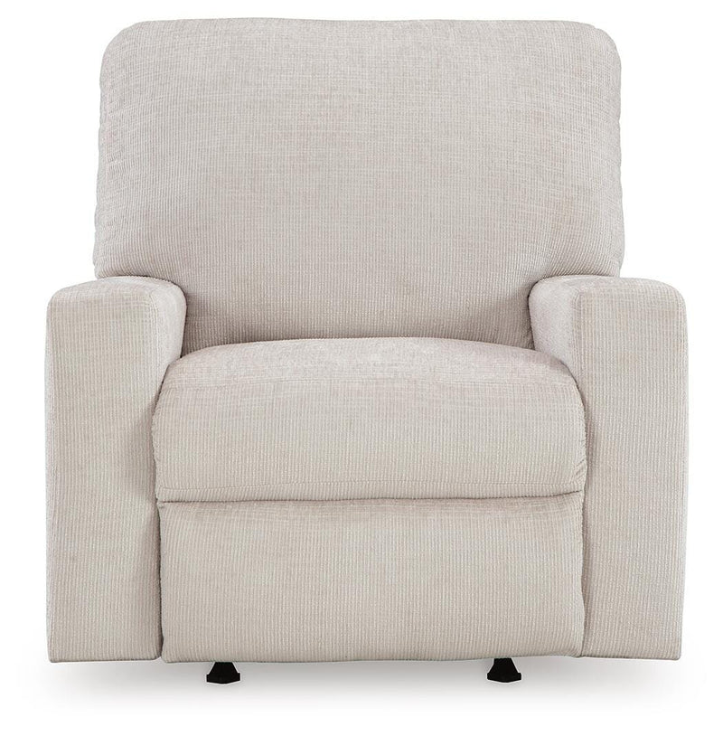 Ashley Furniture Aviemore recliner with plush cushioning and dark wood legs, shown in a head-on view.