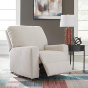 Open Ashley Furniture Aviemore Recliner showing plush fabric upholstery and padded armrests in a cozy living room setting.