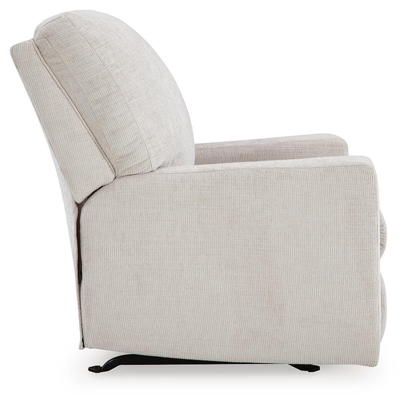 Ashley Furniture Aviemore recliner in a neutral fabric, showing a plush seat with padded armrests and a reclining mechanism.