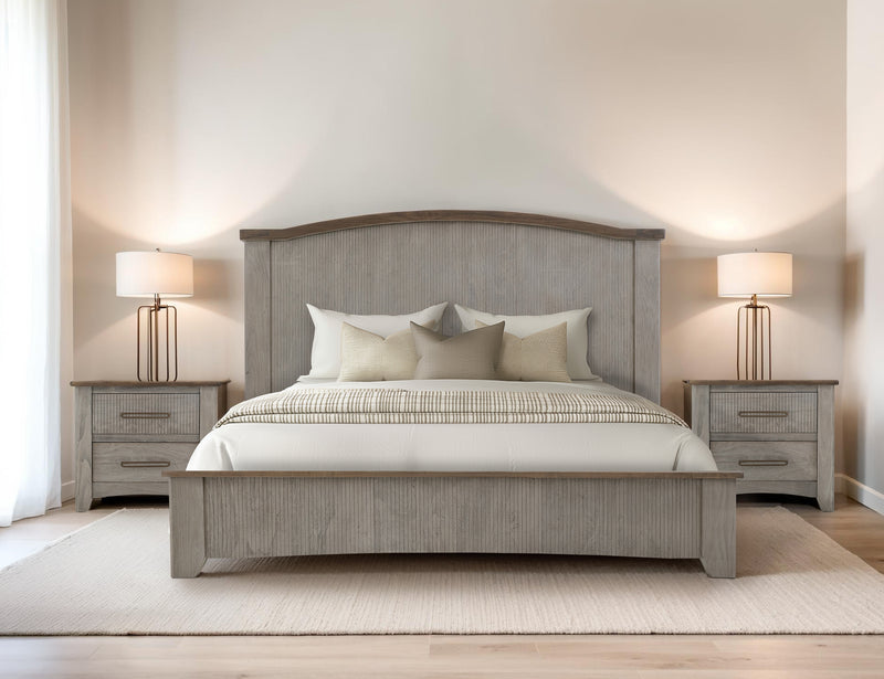 Queen Ridge bed by International Furniture Direct with a wooden frame and upholstered headboard in a cozy bedroom setting.