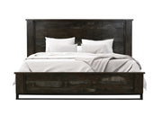 Dark teak king bed from International Furniture Direct with a sturdy wooden frame and a tall, paneled headboard.