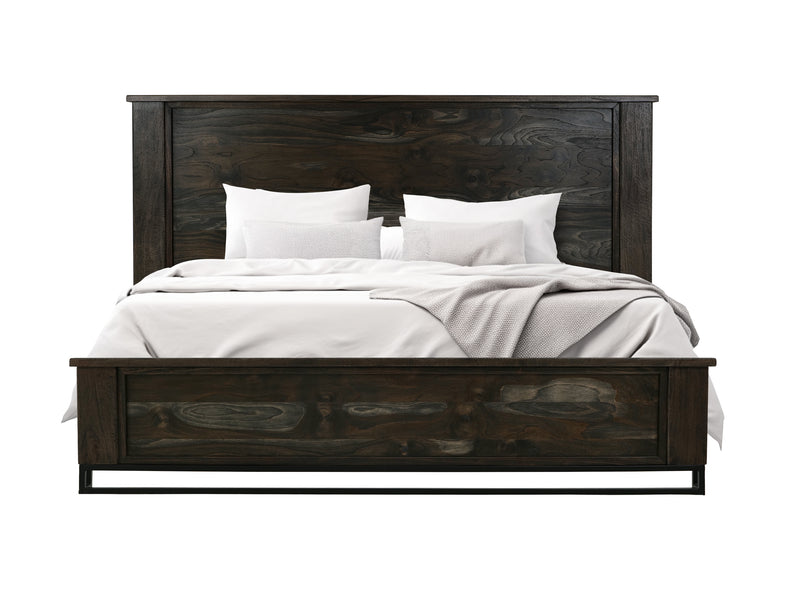 Dark teak king bed from International Furniture Direct with a sturdy wooden frame and a tall, paneled headboard.