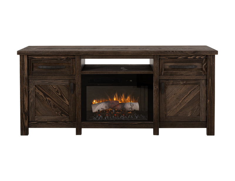 Electric fireplace by International Furniture Direct featuring a modern design with a realistic flame effect and wooden mantel.