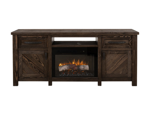 Electric fireplace by International Furniture Direct featuring a modern design with a realistic flame effect and wooden mantel.