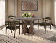 Natural Teca dining table by International Furniture Direct, 47-inch wooden table with a smooth finish and sturdy legs.