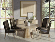 White Balam round dining table by International Furniture Direct, 47-inch diameter, with a smooth wooden surface and sturdy legs.