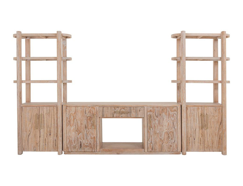 White Balam wall unit with electric fireplace insert from International Furniture Direct, showcasing a modern fireplace setup.