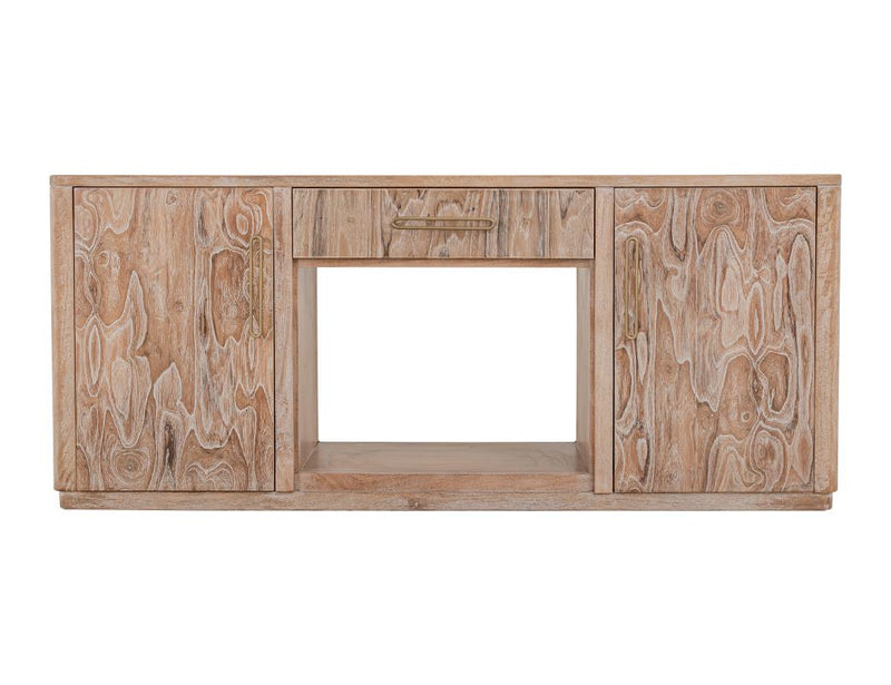 White Balam wall unit with electric fireplace insert by International Furniture Direct, featuring a modern design and built-in heating element.