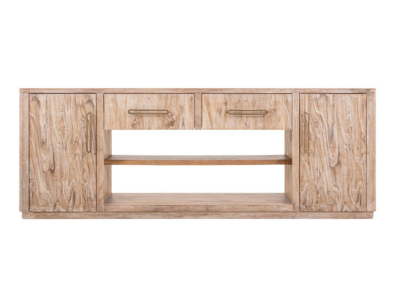 White Balam wall unit TV stand with electric fireplace insert, 80-inch modern wooden furniture by International Furniture Direct.