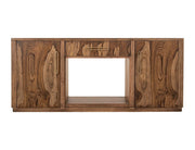 Balam wall unit with electric fireplace insert by International Furniture Direct, featuring a wooden cabinet and glowing fireplace display.