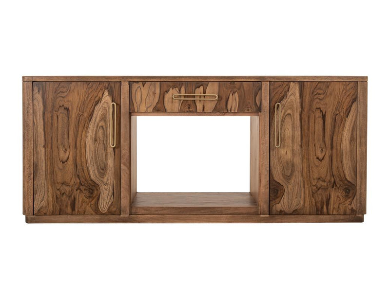 Balam wall unit with electric fireplace insert by International Furniture Direct, featuring a wooden cabinet and glowing fireplace display.
