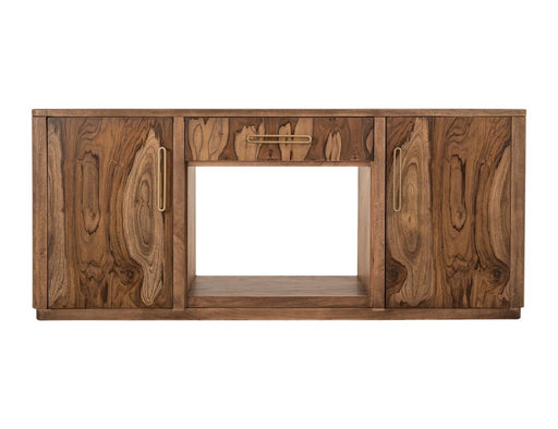 Balam wall unit with electric fireplace insert by International Furniture Direct, featuring a wooden cabinet and glowing fireplace display.