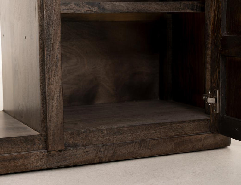 Wooden TV stand with two drawers, two doors, and built-in electric fireplace insert, in a rustic style by International Furniture Direct.