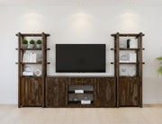 Black Balam wall unit with integrated electric fireplace from International Furniture Direct, showcasing a sleek modern design and warm glow.