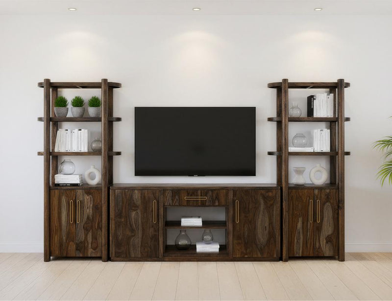 Black Balam wall unit with integrated electric fireplace from International Furniture Direct, showcasing a sleek modern design and warm glow.