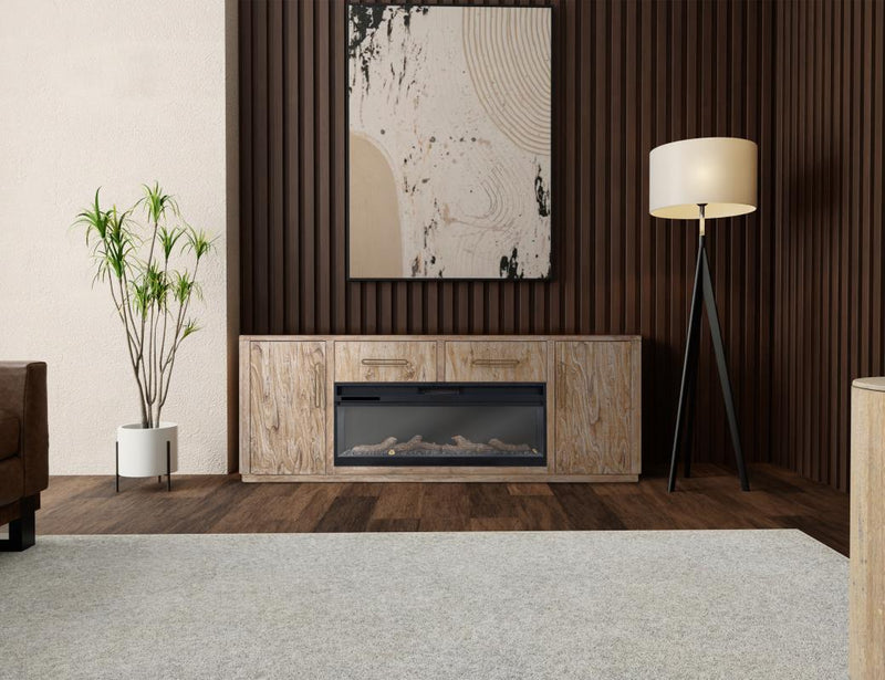 Modern 80-inch TV stand with two drawers, two doors, and electric fireplace insert by International Furniture Direct.