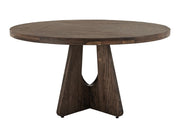 Round dining table with a natural wood finish, model Balam 47 from International Furniture Direct, set with chairs in a modern dining room setting.