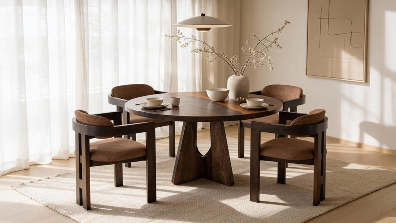 Round Raramuri dining table by International Furniture Direct with a wooden finish, showcasing a sturdy, stylish design.