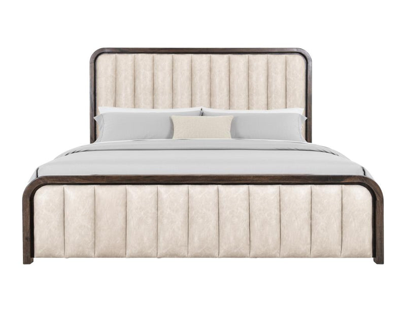 Eastern King upholstered Mezquite II bed by International Furniture Direct with a fabric headboard and wooden frame.