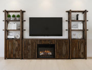Wooden 80-inch TV stand with 2 drawers, 2 doors, and built-in electric fireplace insert from International Furniture Direct.