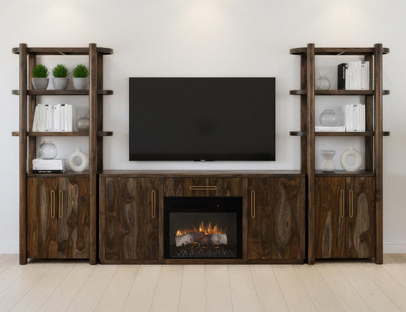 Wooden 80-inch TV stand with 2 drawers, 2 doors, and built-in electric fireplace insert from International Furniture Direct.