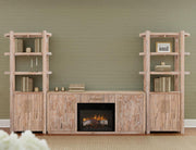 White Balam wall unit with electric fireplace insert from International Furniture Direct, showcasing a modern living room setup.