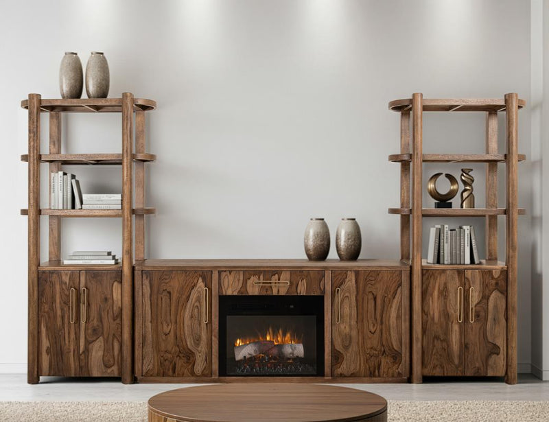 Wooden TV stand with 1 drawer, 2 doors, and built-in electric fireplace insert from International Furniture Direct.