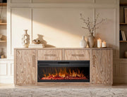 White Balam wall unit TV stand with electric fireplace insert by International Furniture Direct, 80-inch modern media console.