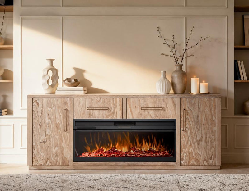 White Balam wall unit TV stand with electric fireplace insert by International Furniture Direct, 80-inch modern media console.