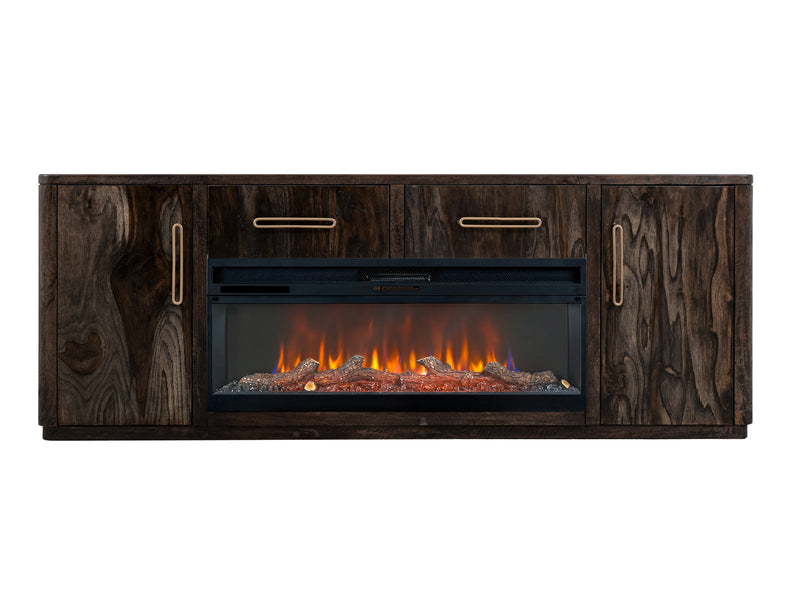 Modern 80-inch TV stand with two drawers, two doors, and electric fireplace insert by International Furniture Direct.