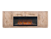 White Balam wall unit TV stand with electric fireplace insert, 80-inch size, by International Furniture Direct.
