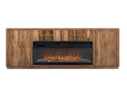 Modern Balam TV stand with electric fireplace by International Furniture Direct, showcasing a sleek wooden design with fireplace insert.