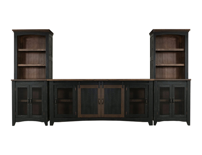 Pueblo black wall unit entertainment center from International Furniture Direct with open shelving and storage compartments.