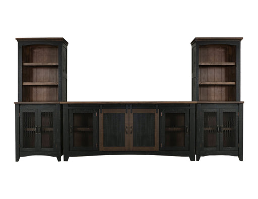 Pueblo black wall unit entertainment center from International Furniture Direct with open shelving and storage compartments.